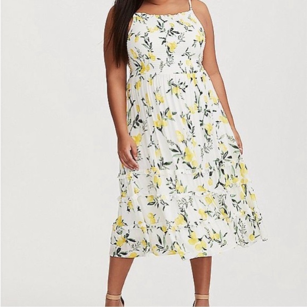 torrid White Floral Midi Dress with Yellow Blooms